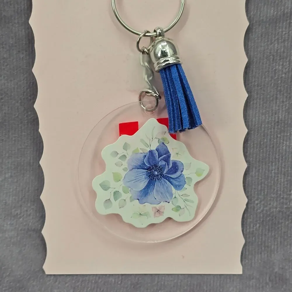 Letter Keychain‎ Clear Silver Circle Handmade Acrylic Tassel Flower U Blue
